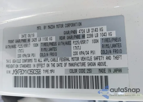 2019 Mazda Cx-5 Touring z USA, uszkodzony, nr VIN JM3KFBCM1K0690398